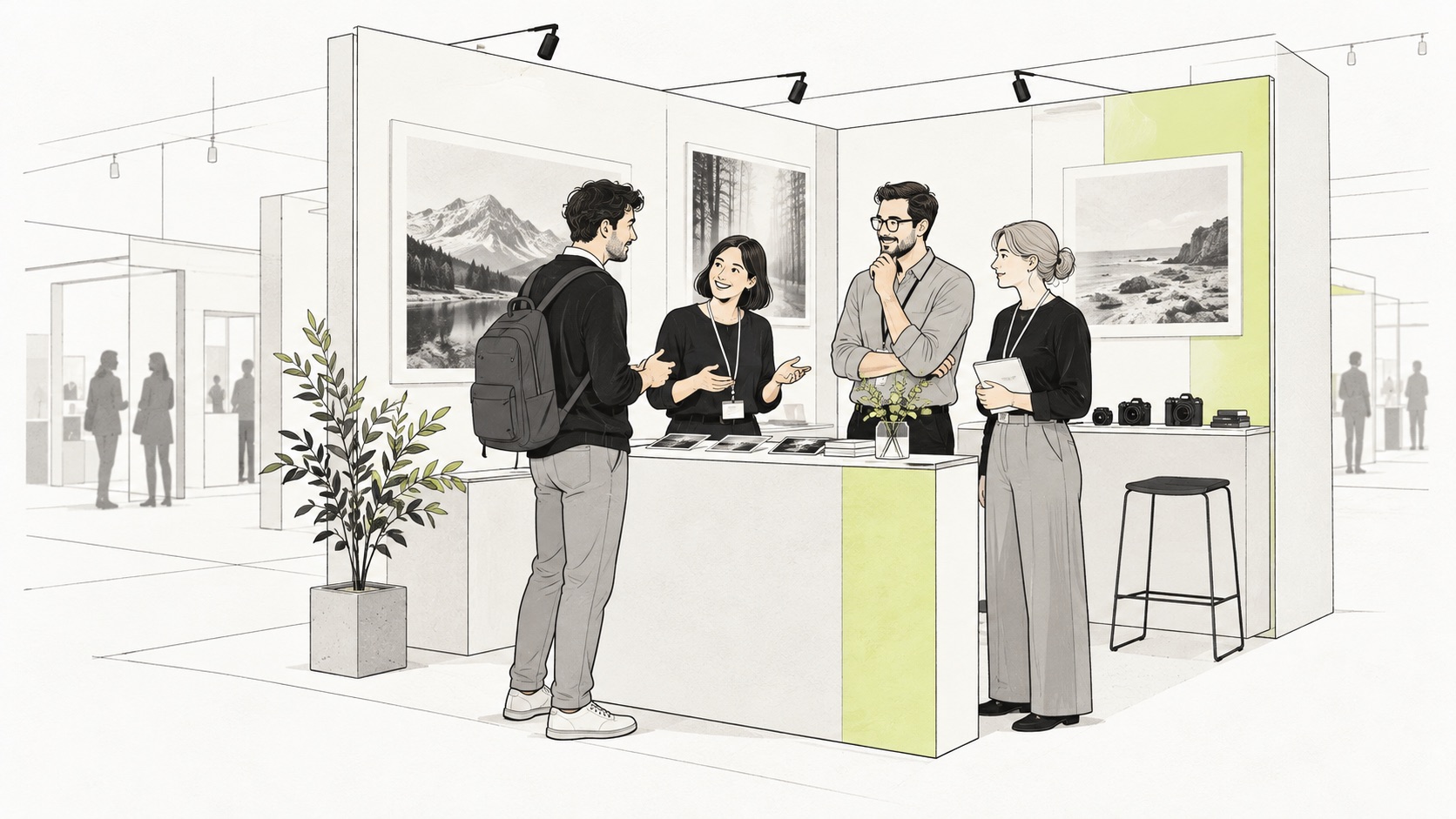 Illustration of a team talking to an exhibition visitor