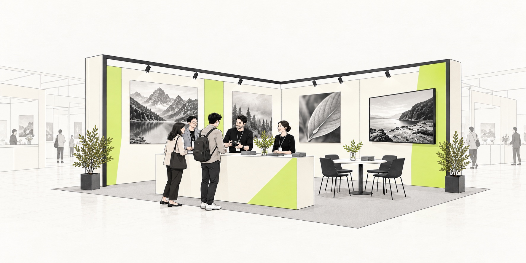Illustration of a team talking with visitors at a stand