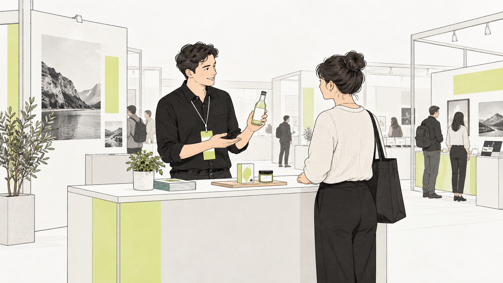 Illustration of small products displayed at an exhibition stand