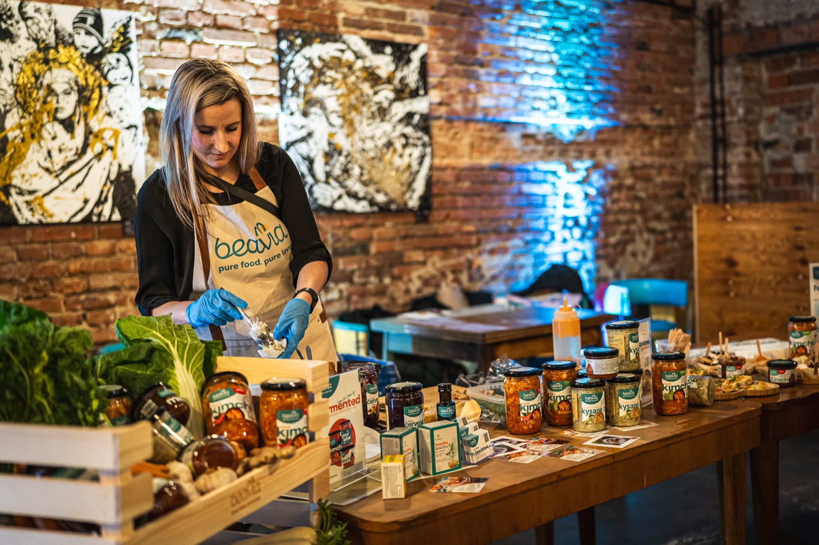 Products and tasting preparations at an exhibition stand