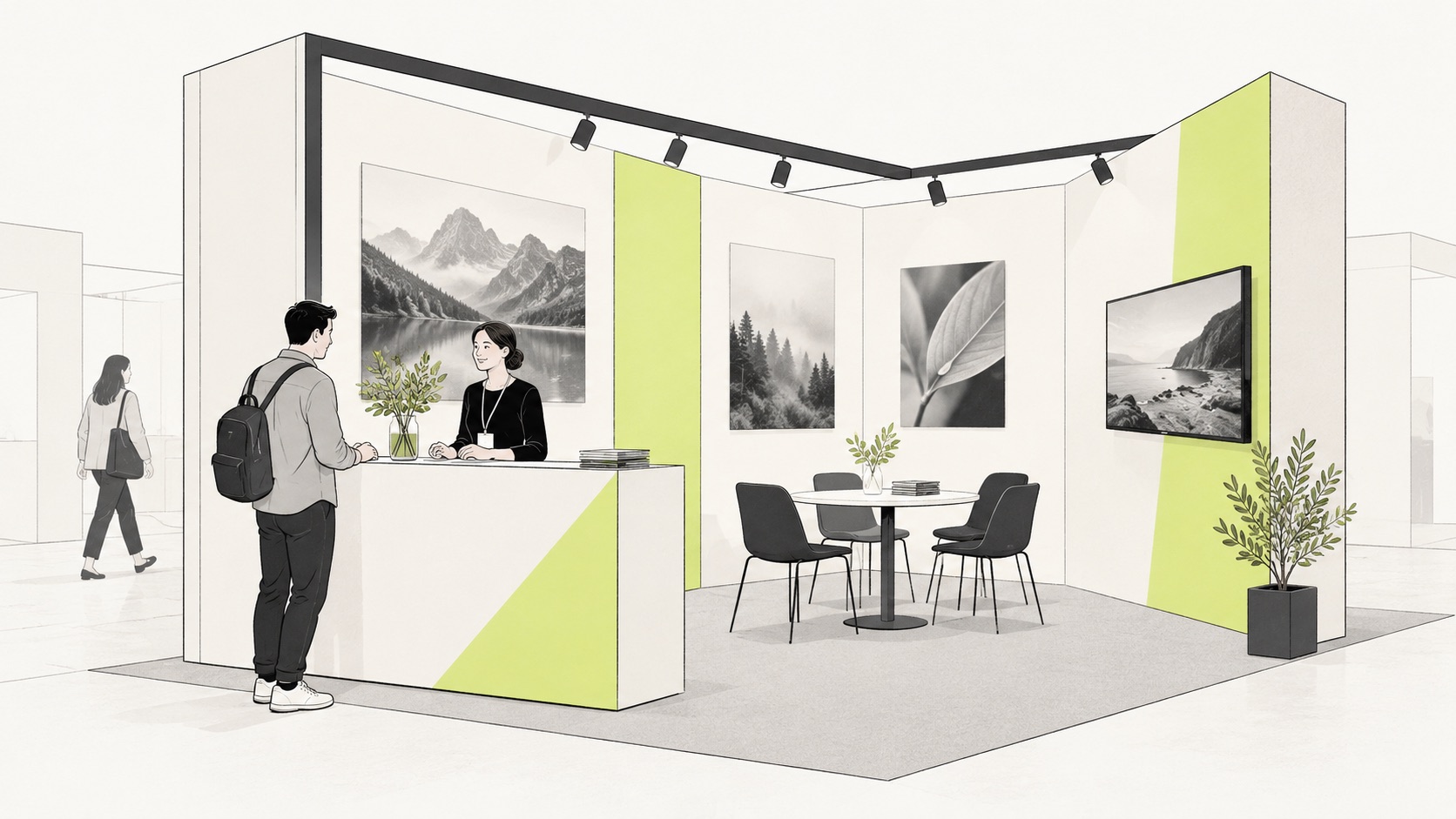 Illustration of an exhibition stand with visitors